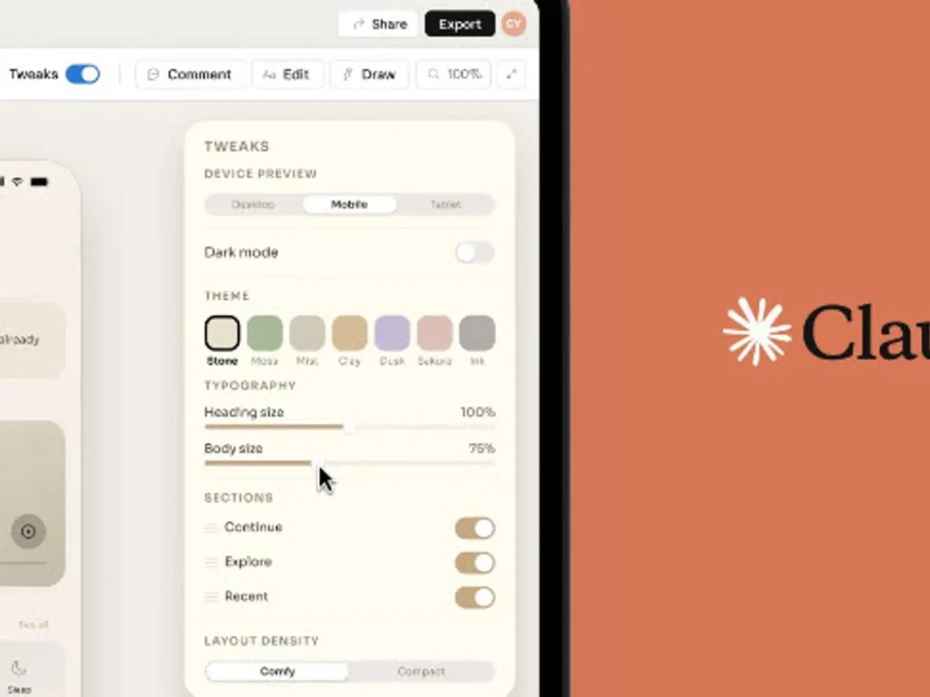 Claude Design and Claude Cowork split-screen workspace illustration
