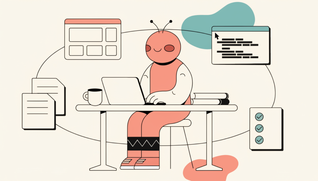 Illustration of an AI assistant working autonomously on multiple tasks