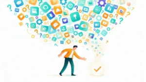 Small business owner walking under a cloud of falling AI app icons toward one glowing checkmark