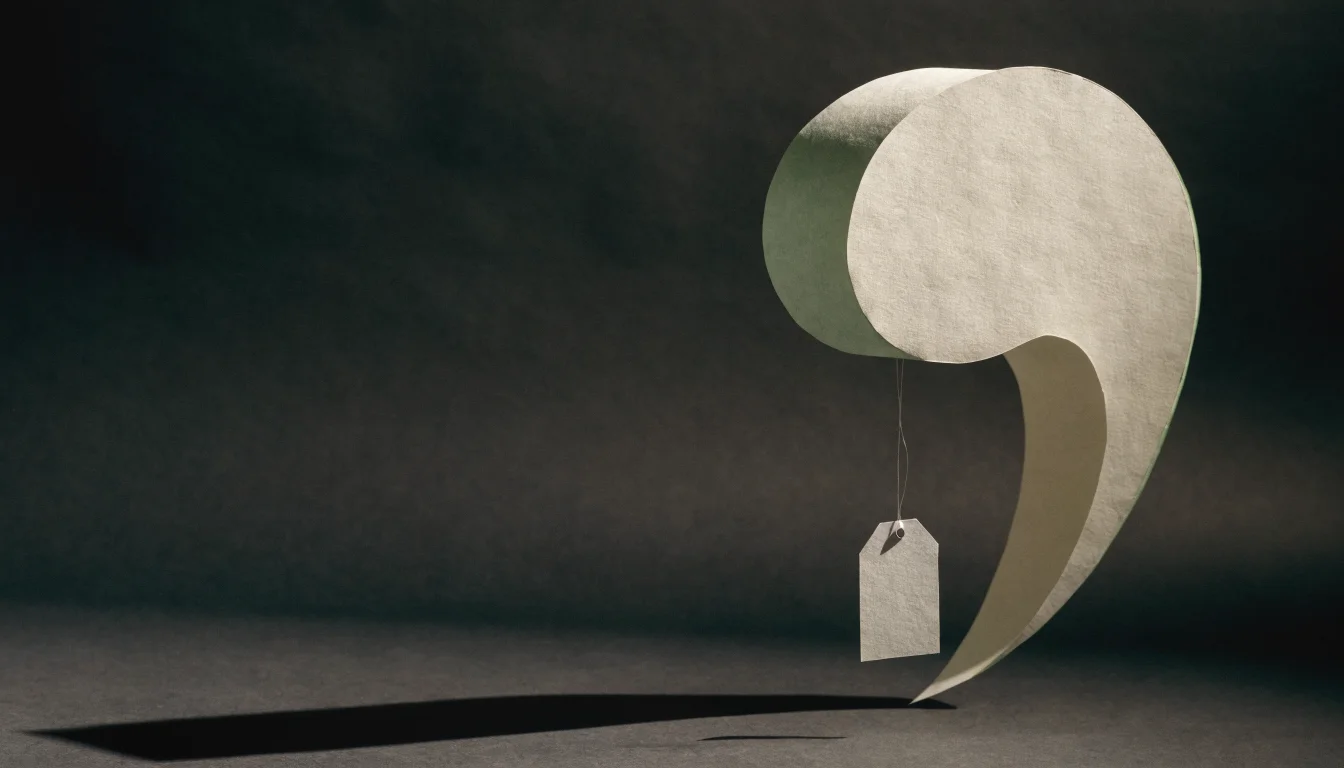 A paper speech bubble with a small blank price tag hanging from it on a thread, on a dark studio background