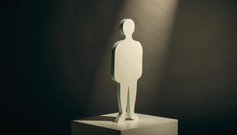 A cut paper figure of a person standing on a museum pedestal under a single spotlight, on a dark background
