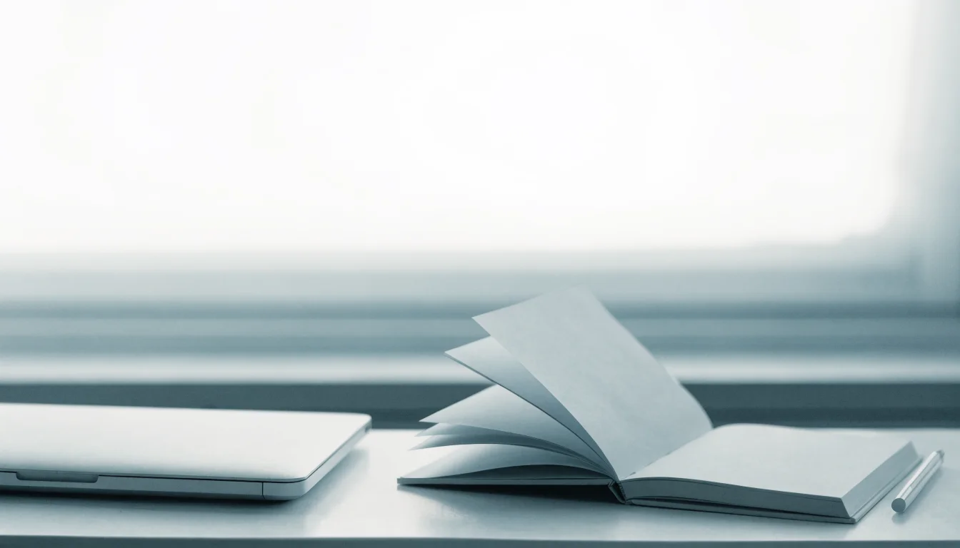 An open blank notebook and pen beside a closed laptop on a clean desk