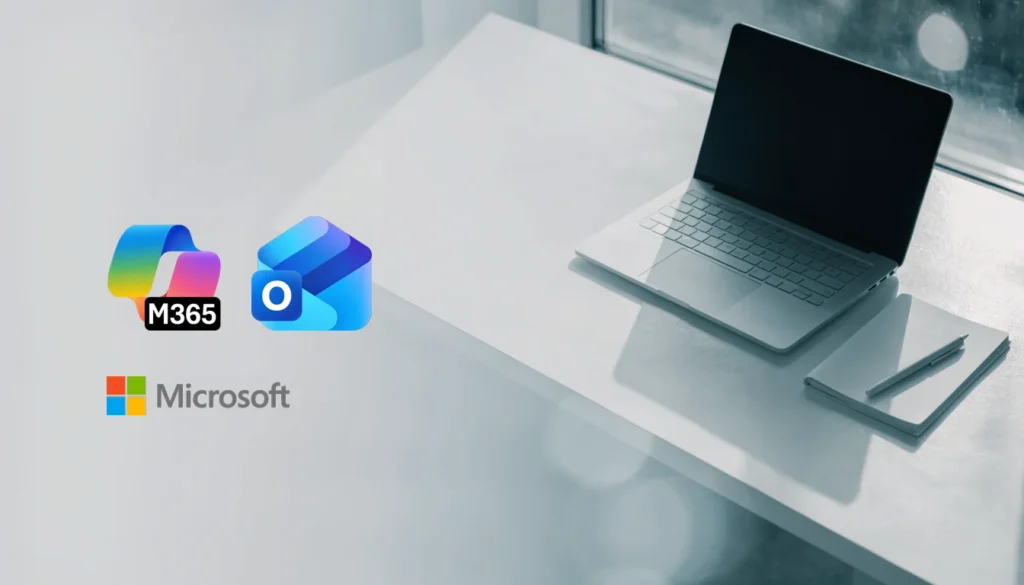 Microsoft 365 Copilot and Outlook logos on a clean bright office desk with a laptop