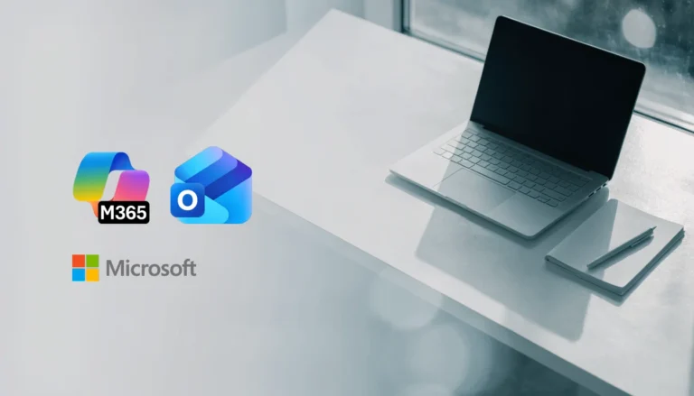 Microsoft 365 Copilot and Outlook logos on a clean bright office desk with a laptop