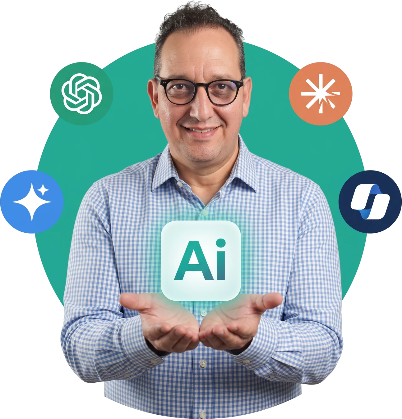 Ran Armon of Action AI, which runs hands-on AI training for teams, with the ChatGPT, Gemini, Claude and Microsoft Copilot logos