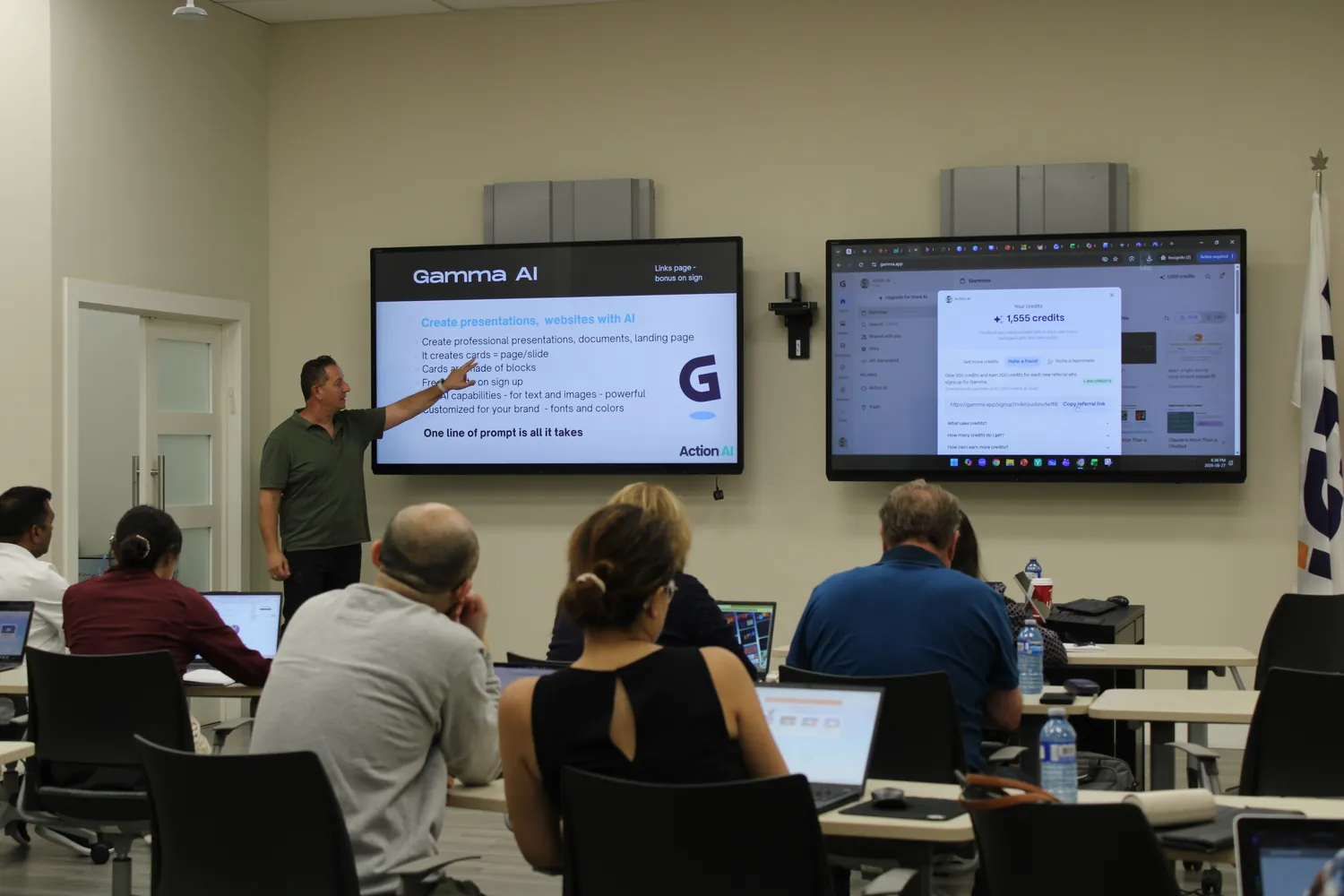 Ran Armon teaching a full classroom of students at an Action AI workshop