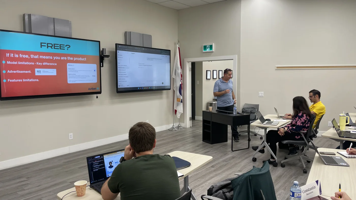 An Action AI session in Toronto explaining why free personal AI accounts put company information at risk