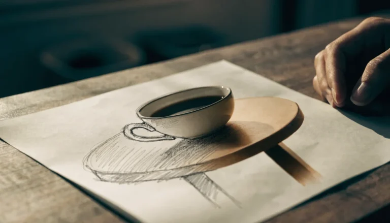 A pencil sketch of a coffee cup on paper turning into a real full colour photograph, showing how a clear AI image prompt produces a realistic result