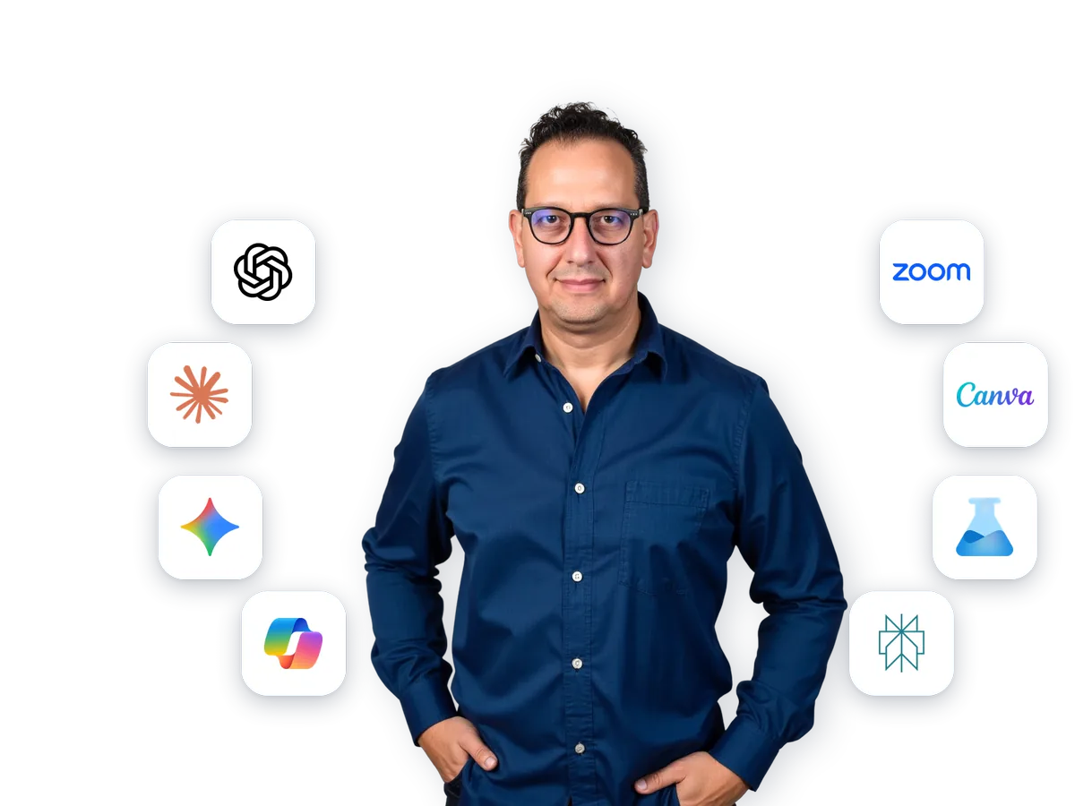 Ran Armon, AI instructor and founder of Action AI, with the AI tools taught in the live online AI course: ChatGPT, Claude, Gemini, Copilot, Canva and Perplexity