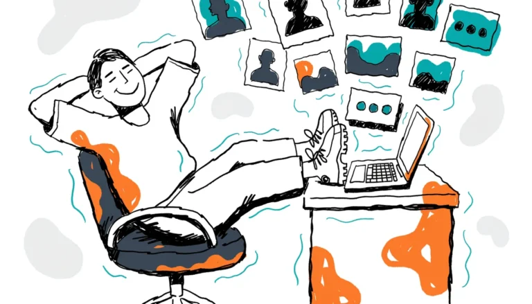 Relaxed small business owner with feet on the desk while Claude Cowork posts social media content from the laptop